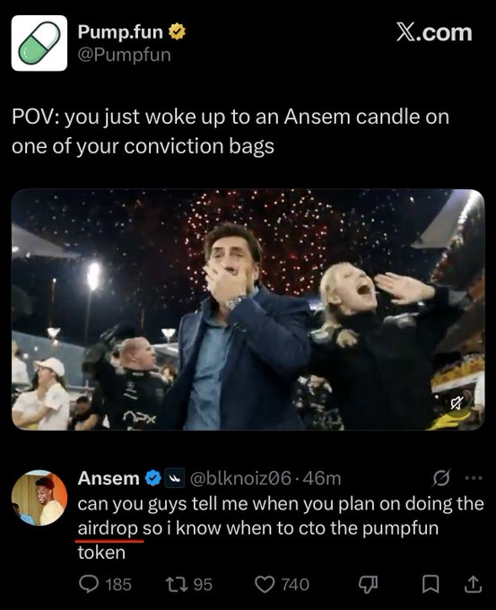 The image features an ASEM user, known as Ansem, who has recently posted a message on Twitter congratulating PumpFun for hosting a party or concert. The message includes a link, which seems to be a gif or some kind of video playing in the background, and it also mentions the use of an airdrop feature on the PumpFun app. In this post, Ansem is asking about where the airdrop is located and how much he is willing to pay for it. The content has been shared across various platforms like Twitter, Facebook, and Instagram, giving the post widespread attention.