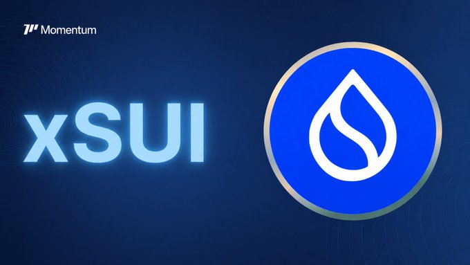 A promotional graphic featuring the "Momentum" logo alongside the "XSUI" ticker and a stylized blue water droplet icon. The branding visually reinforces the concept of liquid staking, where SUI remains fluid and usable while earning staking rewards.