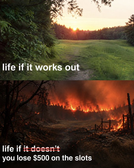 A two-panel meme: top shows 'life if it works out' over a peaceful sunset field, bottom shows 'life if it doesn't' with 'doesn't' crossed out and replaced with 'you lose $500 on the slots' over a scene of forest fires.