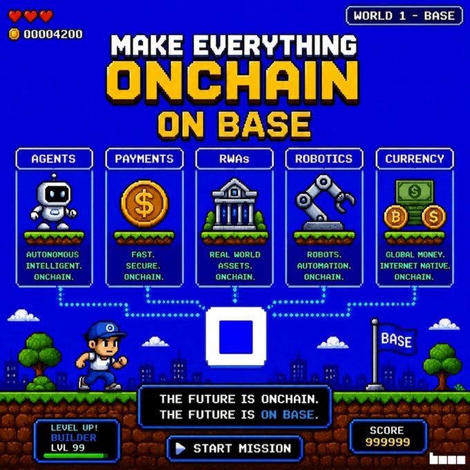 The image features a cartoon-like scene of a man running through a city, with buildings and other characters around him. The text "Make everything onchain on base" is written above this scene. This phrase seems to be related to the game or project being showcased in the image, possibly involving cryptocurrency or blockchain technology.