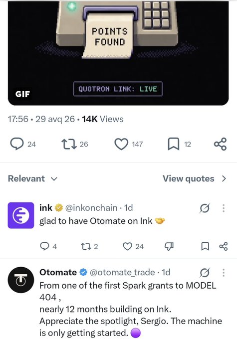 A tweet showing a pixel-art cash register printing "POINTS FOUND" with "QUOTRON LINK: LIVE," alongside replies from @inkonchain welcoming Otomate (@otomate_trade) to the Ink ecosystem, and Otomate acknowledging its journey from a Spark grant to MODEL 404 over 12 months on Ink. The image reflects the post's mention of Otomate's integration with Quotron404 within the Ink ecosystem.