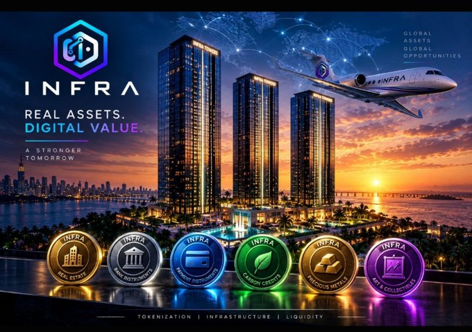 An advertisement for INFRA showcasing real estate and digital value tokenization, featuring modern skyscrapers, a private jet, and coins representing real estate, credit instruments, precious metals, and collectibles.