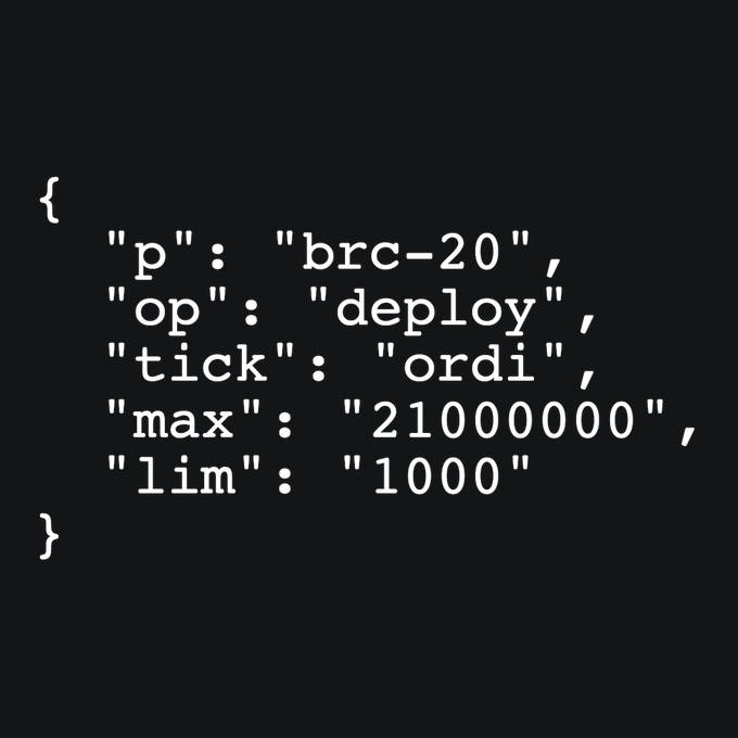 A code snippet showing a BRC-20 token deployment with the text: {"p": "brc-20", "op": "deploy", "tick": "ordi", "max": "21000000", "lim": "1000"}.