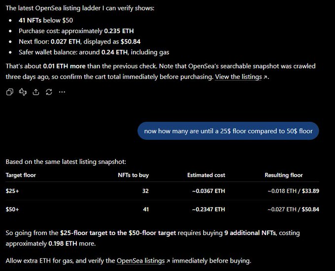 A screenshot of an AI chat analyzing OpenSea NFT listings, showing 41 NFTs below $50 with estimated costs in ETH to reach a $25 or $50 floor.