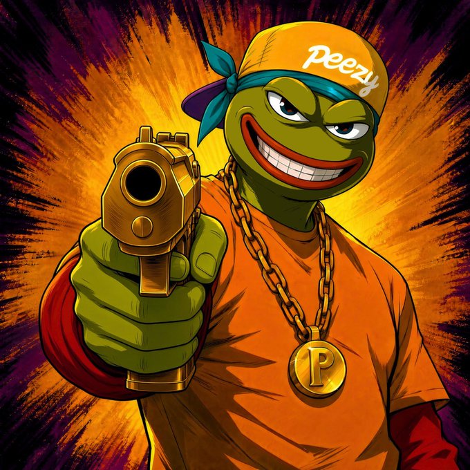 A vibrant cartoon-style illustration of a green turtle character wearing a yellow bandana with "Peezy" written on it, a gold chain with a "P" medallion, and an orange shirt, pointing a gold handgun directly at the viewer against a fiery orange and purple background.