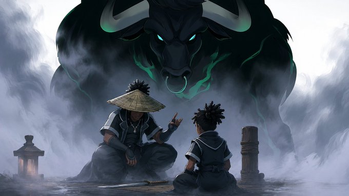 A digital illustration depicts two characters in ninja attire sitting before a massive, shadowy bull with glowing teal markings and a nose ring, surrounded by mist and a stone lantern.