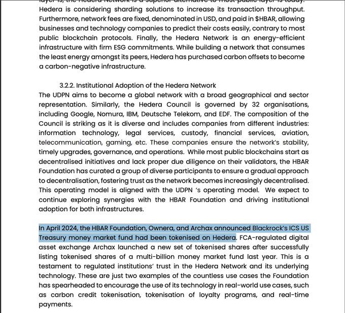 The image displays a document excerpt discussing Hedera Network's infrastructure and institutional adoption, highlighting that the Hedera Council is governed by 32 organizations including Google, Nomura, IBM, Deutsche Telekom, and EDF, with a highlight noting that in April 2024, the HBAR Foundation, Ownera, and Archax announced BlackRock's ICS US Treasury money market fund had been tokenized on Hedera, with FCA-regulated digital asset exchange Archax launching tokenized shares of a multi-billion money market fund.