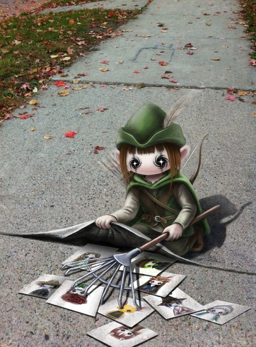 A digital illustration of a chibi-style elf character wearing a green Robin Hood-like hat and cape, kneeling on a sidewalk while collecting trading cards with a small rake.