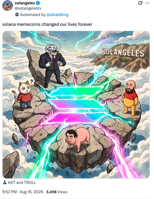 The image is a tweet from solangeles (@solangelestv) posted via @alibaldking, featuring colorful crypto-style artwork showing characters including a businessman in a suit, a cat in a red shirt, a bald man, and a pig standing on floating rocky islands with the text "SOLANGELES" visible, captioned "solana memecoins changed our lives forever" with engagement stats of 3,456 views and a "KET and TROLL" tag. The accompanying post from solangeles accuses HTX_Global of stealing his solangeles art, suggesting the artwork shown represents his original meme creation that was allegedly taken without permission.