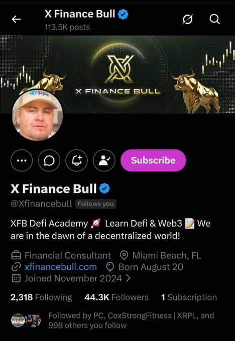 The image shows the X (Twitter) profile page of "X Finance Bull" (@Xfinancebull), a verified account with 44.3K followers and 113.5K posts, featuring their XFB logo with gold bulls and candlestick charts, and a bio highlighting "XFB Defi Academy" and DeFi/Web3 education. The profile relates to the accompanying post, which is a public shoutout celebrating the account as a trusted source for XRP and crypto information within the XRP HODL community.