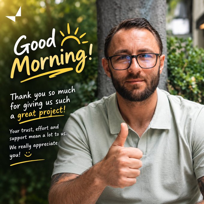 A smiling bearded man in glasses and a sage polo shirt gives a thumbs-up outdoors, paired with "Good Morning!" graphic text and a handwritten note thanking viewers for a "great project," while the accompanying post promotes @vangrid_io's accessible capture app that turns ordinary phones into edge nodes for expanding network coverage.