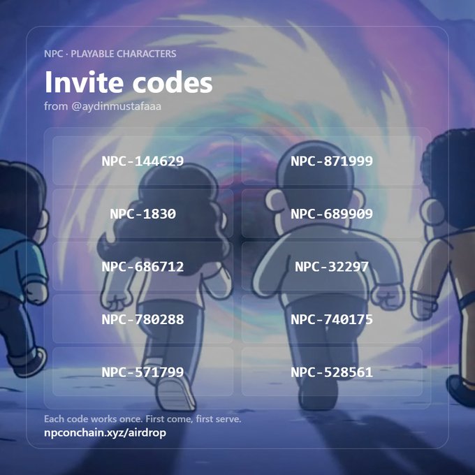 A promotional graphic for NPC playable characters invite codes from @aydinmustafaaa, listing 10 codes including NPC-144629 and NPC-871999, with a link to npconchain.xyz/airdrop.
