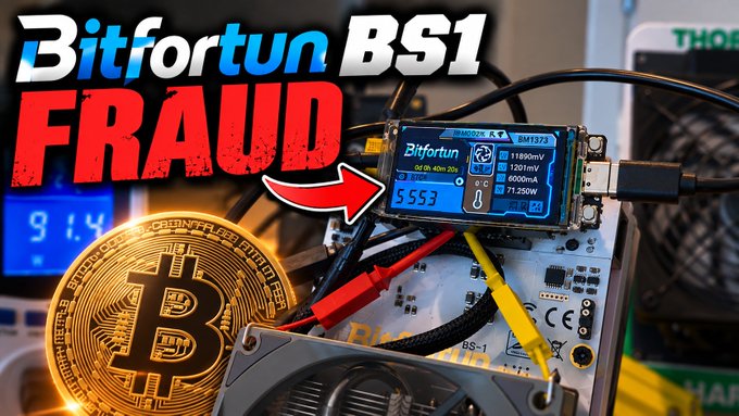 The image shows a Bitfortun BS1 cryptocurrency mining device with its LCD display reading a hashrate of "5.55T," alongside a Bitcoin graphic and large red "FRAUD" text—visually reinforcing the post's claim that the device's firmware falsely inflates its reported hashrate by 400 GH/s.