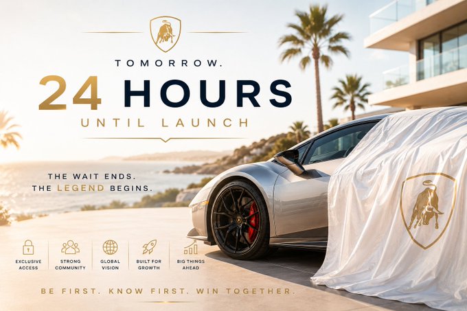 A sleek sports car draped in a white sheet bearing a gold bull logo sits at a luxury beachside villa, overlaid with the text "TOMORROW. 24 HOURS UNTIL LAUNCH — THE WAIT ENDS. THE LEGEND BEGINS." The image ties into the post's "24 HOURS LEFT" urgency, using the countdown and luxury branding to hype a final launch announcement for $XRP holders.