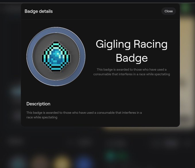 A badge details screen titled 'Gigling Racing Badge' features a blue diamond gem icon and describes that the badge is awarded for using a consumable that interferes in a race while spectating.