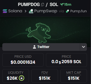 The image shows a Dex Screener listing for the PUMPDOG token (0x... on Solana via PumpSwap), currently trading at $0.0001624 (0.0059 SOL) with $26K liquidity, a $151K FDV, and a $151K market cap. It serves as a price/liquidity snapshot update for the memecoin.