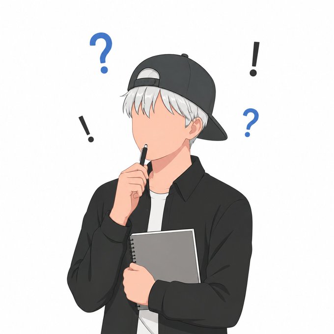 An anime-style illustration shows a white-haired young man wearing a black cap and jacket, holding a notebook and pen in a thoughtful pose, surrounded by floating question marks and exclamation points suggesting confusion or contemplation. The image visually represents the post's theme of grappling with the challenges of Web3, particularly the difficulty of identifying the right opportunities amid many questions.
