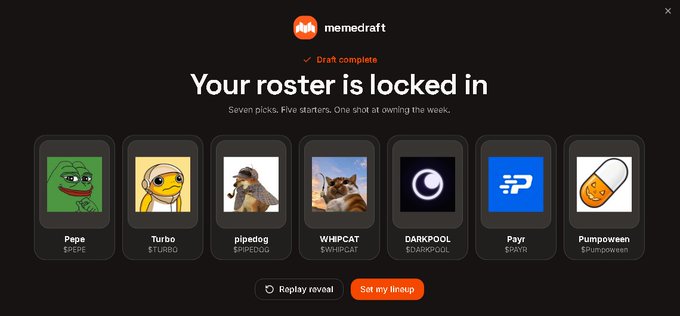 A Memedraft app screen titled "Your roster is locked in" showing seven crypto meme coin picks including Pepe, Turbo, pipedog, WHIPCAt, DARKPOOL, Payr, and Pumpowen, with buttons for "Replay reveal" and "Set my lineup".