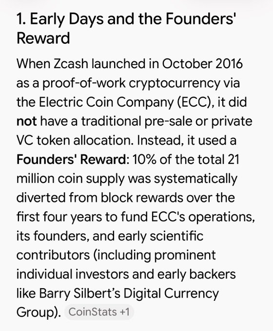 A text excerpt titled '1. Early Days and the Founders' Reward' discussing Zcash's launch in October 2016 via the Electric Coin Company (ECC) and its Founders' Reward funding mechanism, with a 'CoinStats +1' source tag.