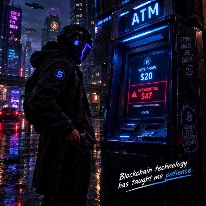 A cyberpunk-style digital artwork depicting a person in a helmet and dark coat standing at an ATM in a rainy neon-lit city street; the ATM screen shows 'WITHDRAW $20' with a 'NETWORK FEE $47' warning, and text reads 'Blockchain technology has taught me patience' with crypto-themed advertisements in the background.
