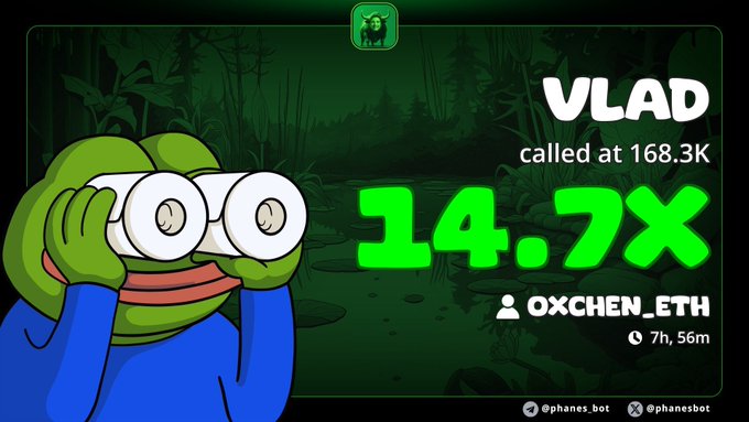 A Pepe meme graphic shows a "VLAD" call entry at 168.3K with a 14.7x gain, credited to user "0XCHEN_ETH" 7 hours and 56 minutes ago, celebrating a profitable trade on the VLAD token tied to the 0x31 address.