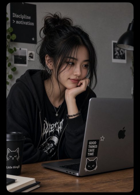 A young woman with dark hair in a messy bun sits at a wooden desk using a MacBook laptop, wearing a black hoodie; nearby are a 'Little things' cat coffee cup and stickers reading 'Discipline > motivation' and 'GOOD THINGS TAKE TIME'.