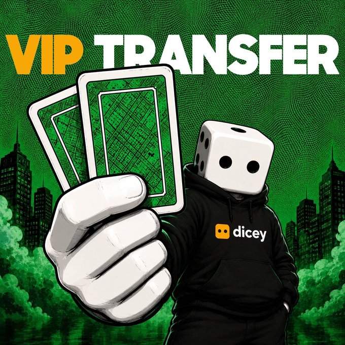 A promotional graphic reading 'VIP TRANSFER' featuring a hooded figure with a die for a head wearing a 'dicey' logo hoodie, holding playing cards against a green cityscape background.