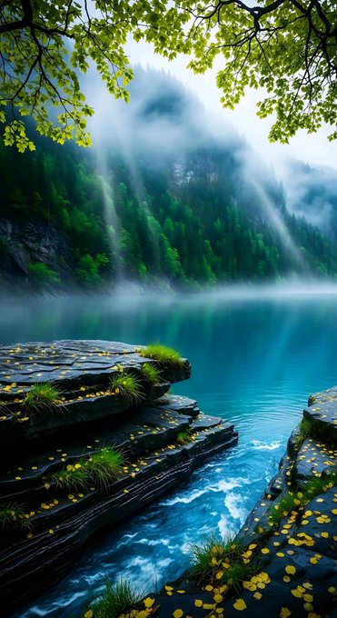 A scenic landscape featuring a misty turquoise lake surrounded by forested mountains, with sunlight filtering through leafy branches overhead and rocky outcrops in the foreground.
