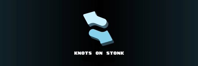 A logo featuring two stylized blue socks above the text "KNOTS ON STONK" on a dark background.