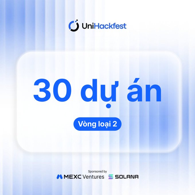 A UniHackfest promotional graphic with text '30 dự án' and 'Vòng loại 2', sponsored by MEXC Ventures and Solana.