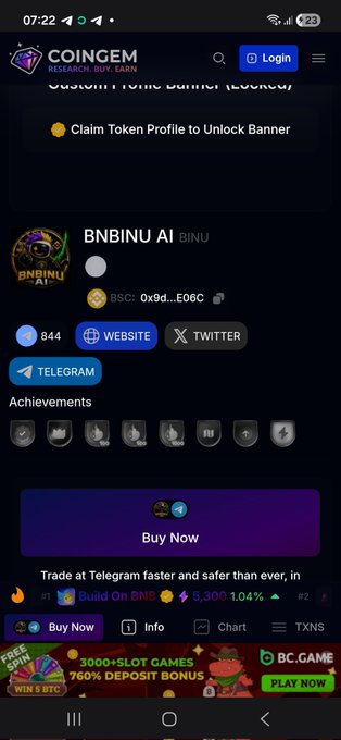 A mobile screenshot of the CoinGecko website displaying the profile for 'BNBINU AI (BINU)', showing a BNB token on the BSC network, with links to Website, Twitter, and Telegram, along with a 'Buy Now' button.