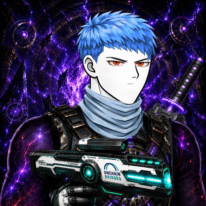 The image features a man with blue hair, dressed as a robot or cyborg, holding a gun and standing against a purple background that looks like space. The caption of the image reads "GM @solskypilots Some people scroll all day... Others find opportunities Sky Pilots is giving early supporters a chance to earn through rewards & ecosystem activity Want to become an Ambassador?".