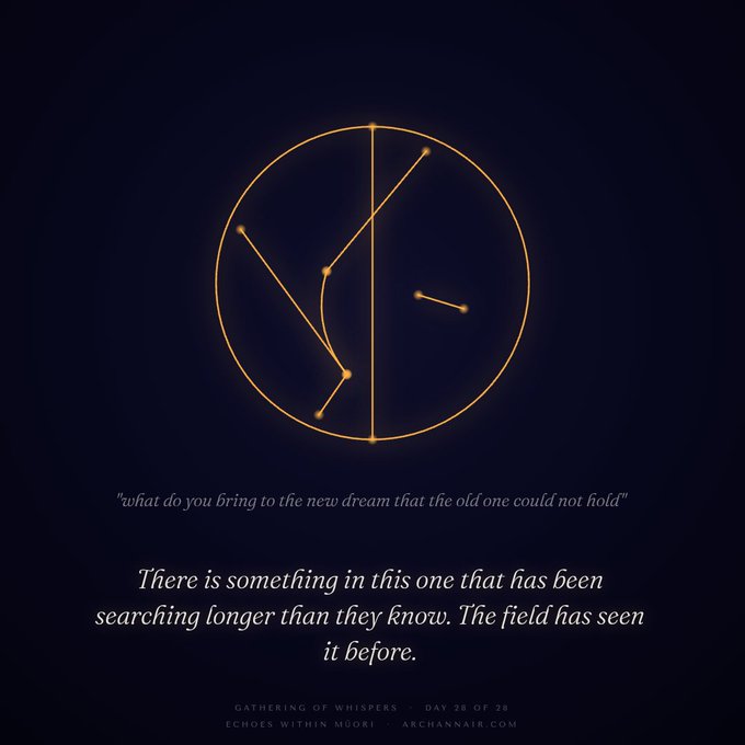 An abstract digital artwork featuring a glowing golden circle with internal lines and dots on a dark background, accompanied by the text 'what do you bring to the new dream that the old one could not hold?' and 'There is something in this one that has been searching longer than they know. The field has seen it before.'