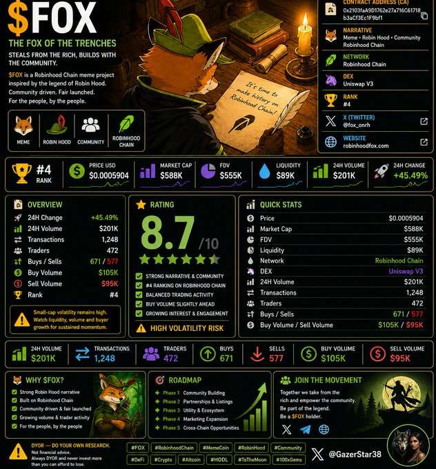 A detailed cryptocurrency infographic for "$FOX - THE FOX OF THE TRENCHES," a meme project on the Robinhood Chain, displaying an 8.7/10 rating, market cap of $588K, and an illustration of a fox writing a letter.
