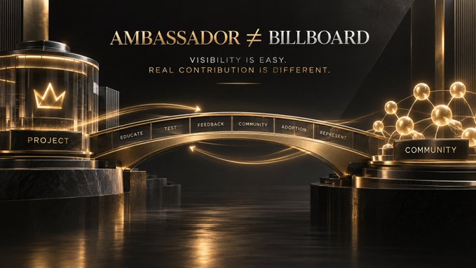 A promotional graphic with the text 'AMBASSADOR ≠ BILLBOARD' and 'VISIBILITY IS EASY. REAL CONTRIBUTION IS DIFFERENT.', featuring gold architectural elements and a bridge labeled with stages like 'PROJECT', 'EDUCATE', and 'COMMUNITY'.