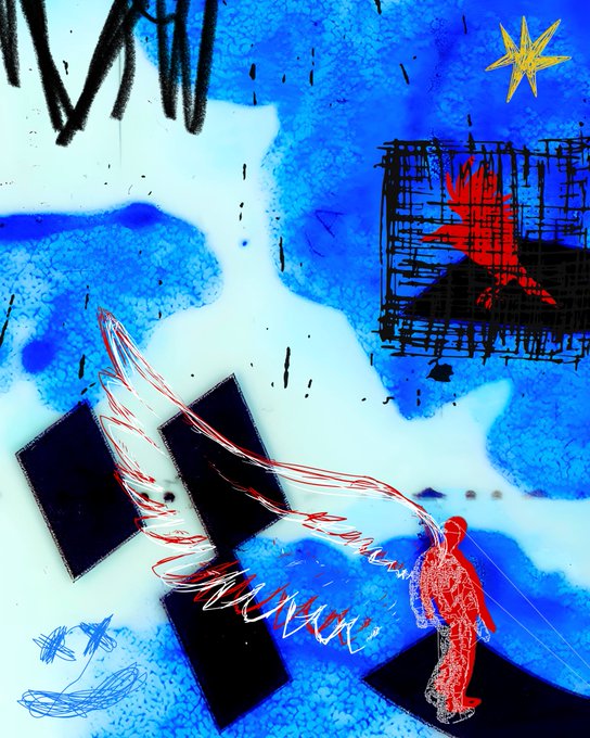 The image features a red figure with large red wings descending against a chaotic blue and white background, beneath a black cage containing a red bird and a small gold star. The caption "I Fall, I Fall Every Step I Take" appears at the top, with the artwork listed as part of the "Anima Vestra" series, available at a reserve price of 0.08 ETH via a link.
