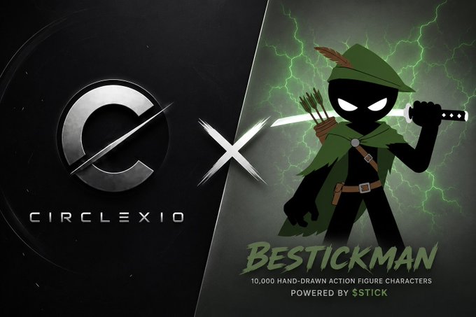 A promotional graphic showing a partnership between 'CIRCLE X IO' (CIRCLEXIO) on the left and 'BESTICKMAN' on the right, advertising '10,000 HAND-DRAWN ACTION FIGURE CHARACTERS POWERED BY $STICK', with a hooded cartoon archer character against a green lightning background.