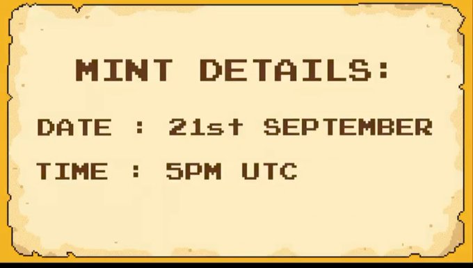 A pixel-art styled parchment sign displays "MINT DETAILS:" in bold brown text, listing "DATE: 21st SEPTEMBER" and "TIME: 5PM UTC," announcing the mint schedule for the @zecfrogs NFT giveaway on the ZEC chain.