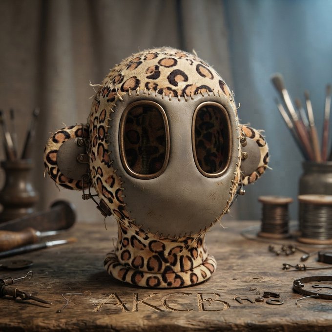 A 3D rendering of a unique stitched mannequin head covered in leopard print fabric with metallic goggles, resting on a wooden workbench surrounded by various crafting tools and materials.
