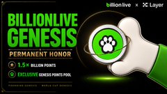 A promotional banner reading 'BILLIONLIVE GENESIS PERMANENT HONOR' featuring '1.5+ BILLION POINTS' and 'EXCLUSIVE GENESIS MINTS POLE', with branding for 'billion.live' and 'Layer'.