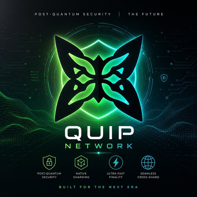 Promotional graphic for "QUIP NETWORK" featuring a glowing green butterfly emblem and listing features: "POST-QUANTUM SECURITY," "NATIVE SHARDING," "ULTRA-FAST FINALITY," and "SEAMLESS CROSS-SHARD."