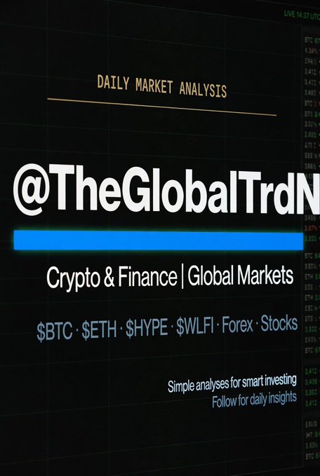 The image features a poster for TheGlobalTrdN, which is an investment firm that specializes in cryptocurrency markets. The poster has a black background with white text, displaying the name of the company and their focus on analyzing daily market trends without any emotional influence or hype.