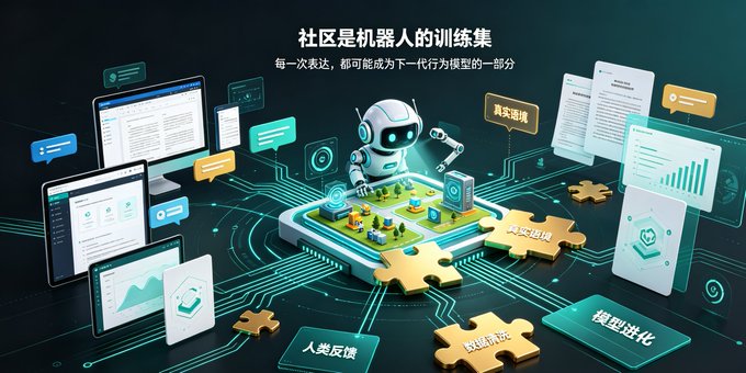 A futuristic graphic displays a white robot atop a digital platform surrounded by glowing screens, charts, and puzzle pieces labeled with Chinese text including "社区是机器人的训练集" (The community is the robot's training set), "真实语境" (Real context), "人类反馈" (Human feedback), "数据标注" (Data annotation), and "模型进化" (Model evolution).

The image visually reinforces the post's speculation about Axis Robotics, illustrating how community-driven feedback and data annotation fuel AI model evolution—themes central to robotics projects combining short-term gaming incentives with long-term AI training infrastructure.