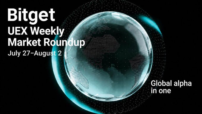 A promotional graphic for 'Bitget UEX Weekly Market Roundup' for July 27-August 2 with the tagline 'Global alpha in one' next to a stylized digital globe.