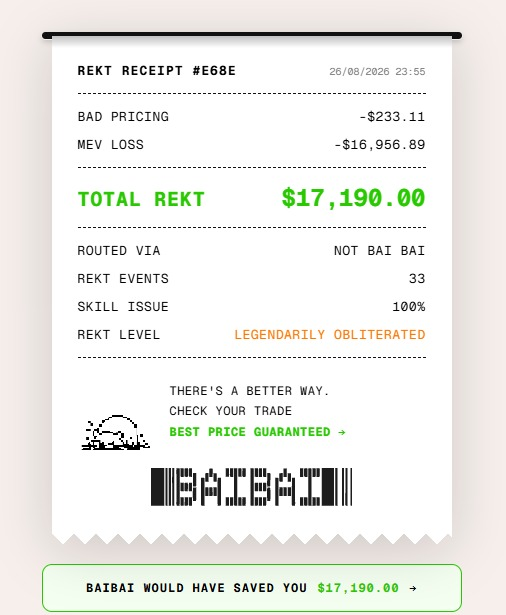 Digital receipt styled as a 'REKT RECEIPT #E68E' dated 26/08/2026 showing a total loss of $17,190.00 from bad pricing and MEV loss, with 'BAIBAI WOULD HAVE SAVED YOU $17,190.00' highlighted at the bottom.