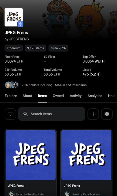 An OpenSea NFT marketplace listing for 'JPEG Frens' showing stats including Ethereum, 9,125 items, Floor Price 0.0074 ETH, 24H Volume 50.56 ETH, and 2.1K holders including TMA420 and Paschamo.
