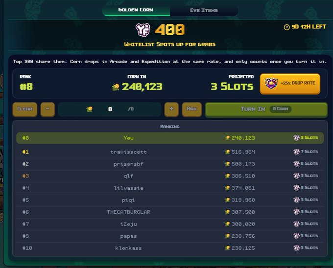 A leaderboard screen for "Golden Corn" event shows the user at Rank #8 with 240,123 Corn, securing 3 projected slots, with a 100% clear rate. The leaderboard displays the top 10 players, with "travisscott" in first place with 516,964 Corn and 7 slots, while the user trails slightly behind "i2oju" at rank #7.