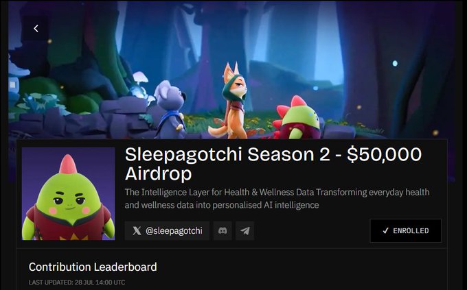 A webpage for 'Sleepagotchi Season 2 - $50,000 Airdrop' showing 3D animated characters, with the handle @sleepagotchi and an 'ENROLLED' status indicator.