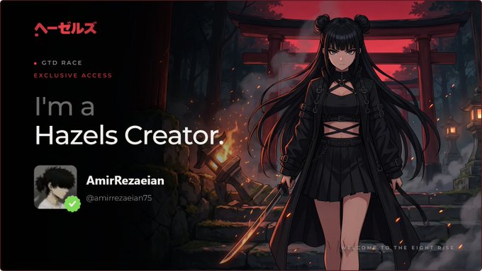 A dark promotional graphic featuring an anime-style character with long black hair in front of a Japanese torii gate, advertising 'I'm a Hazels Creator' with the username AmirRezaeian.