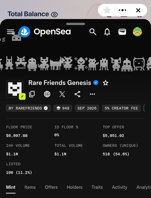 A screenshot of an OpenSea NFT collection page on a mobile device for 'Rare Friends Genesis,' showing a floor price of $6,997.88, a 24H volume of $1.1M, and 518 unique owners.